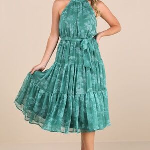 Lulus Float To You Green Floral Print Halter Tiered Midi Dress - Size L